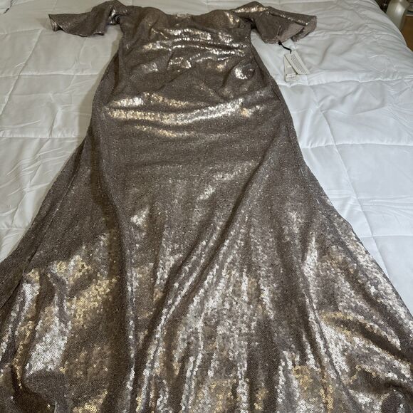 Calvin Klein Gold Sequin Off Shoulder Flutter Sleeve Gown Gathered Waist $298 - Picture 9 of 16